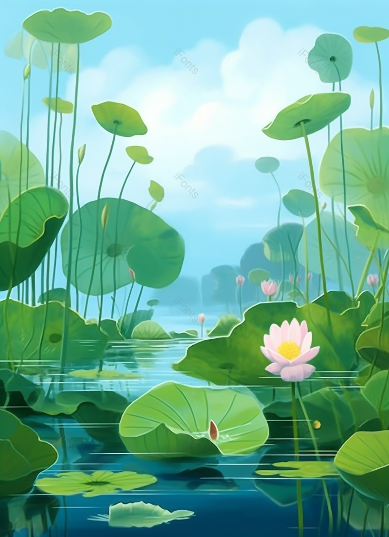 绿色风景的夏天池塘里的荷叶荷花背景,插画/手绘图,插画/手绘图库,插画/手绘图下载,插画/手绘